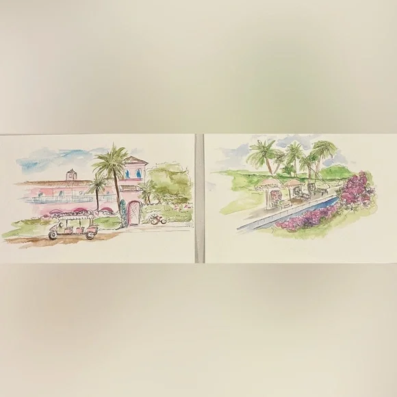 Lot os 2 orginal painted colony hotel palm beach watercolor art - Picture 1 of 2
